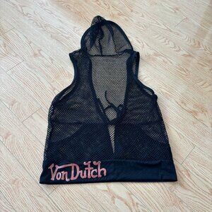 Black Orange Mesh Von Dutch Tank Top Vest with tie and hood small